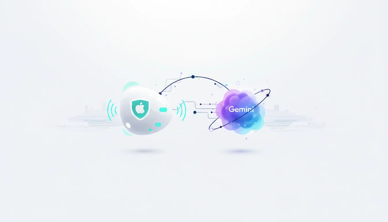 Abstract representation of Apple's secure AI platform connecting to Google's Gemini AI cloud service.