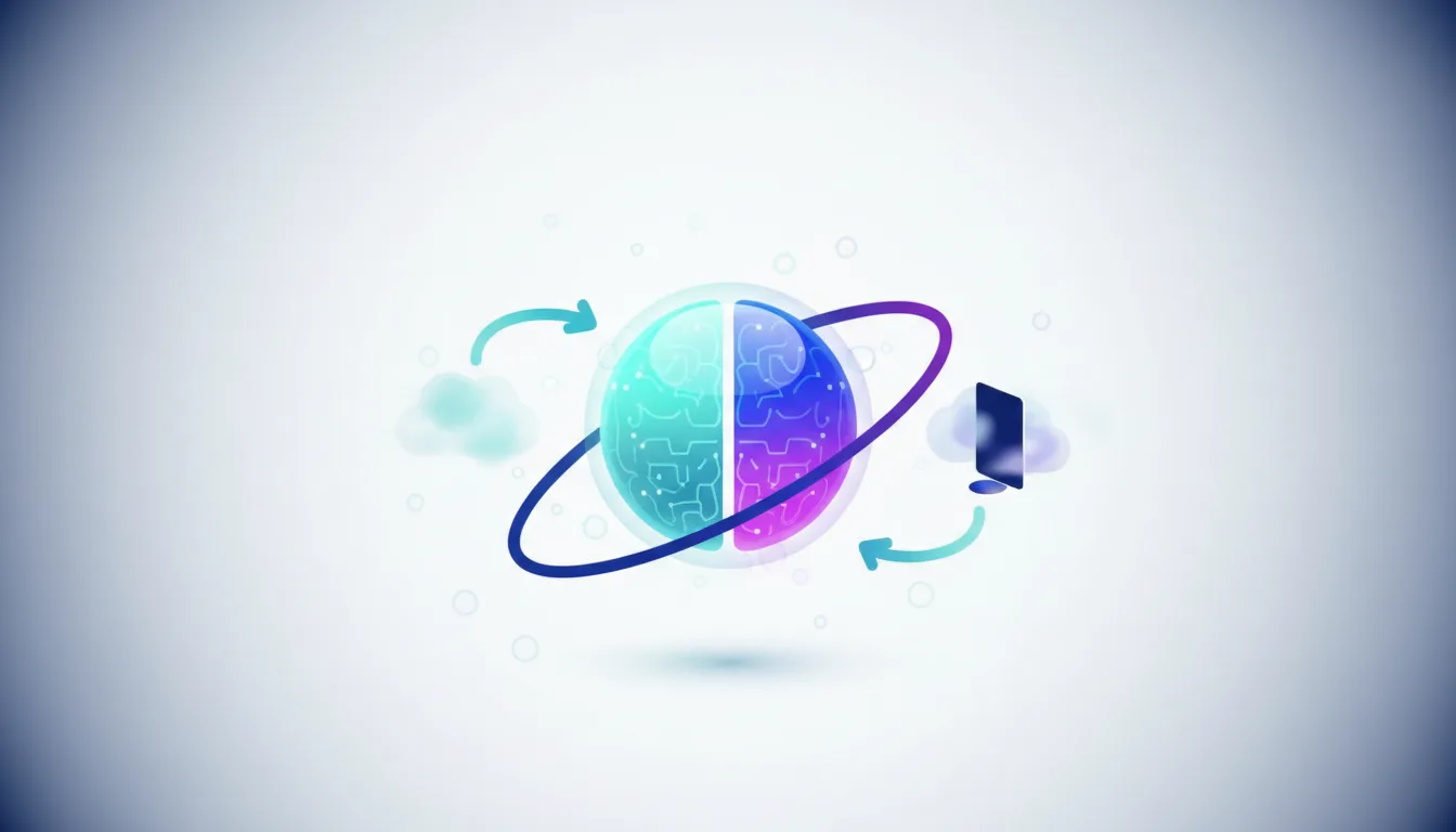 Abstract representation of a split brain with circuit patterns, connected to clouds and a smartphone via arrows, symbolizing AI integration.