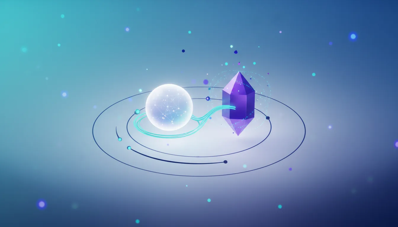 Abstract visualization of a glowing sphere connected by lines to a purple crystal, representing AI integration and data flow.