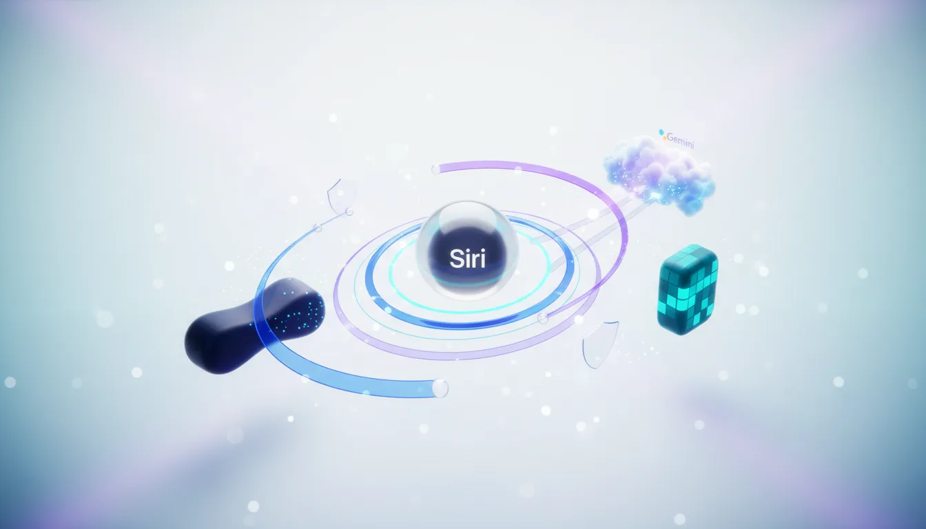 Siri integration with Google Gemini AI, showing a cloud and data block connected to a central sphere labeled Siri, with privacy shields.