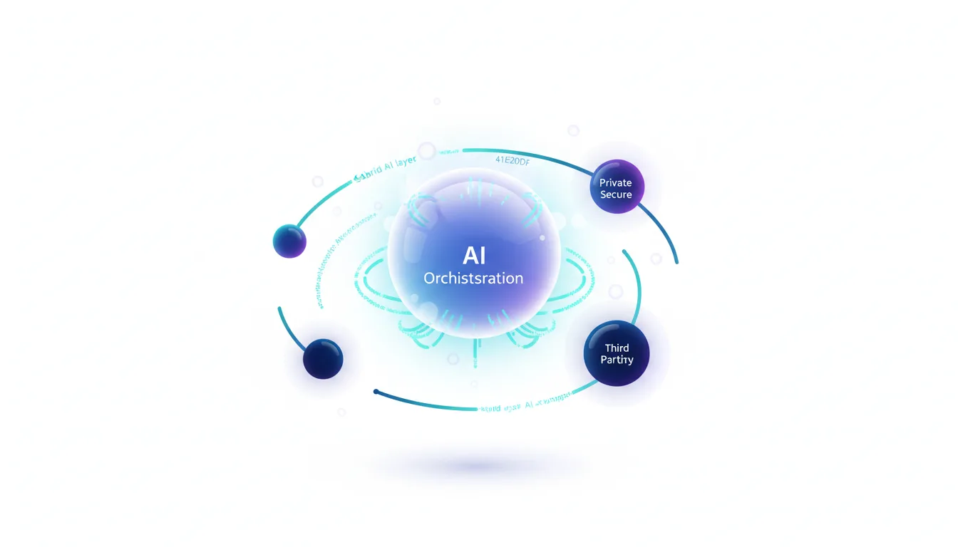 Abstract graphic illustrating AI orchestration with nodes for private secure and third-party AI models connecting to a central AI core.
