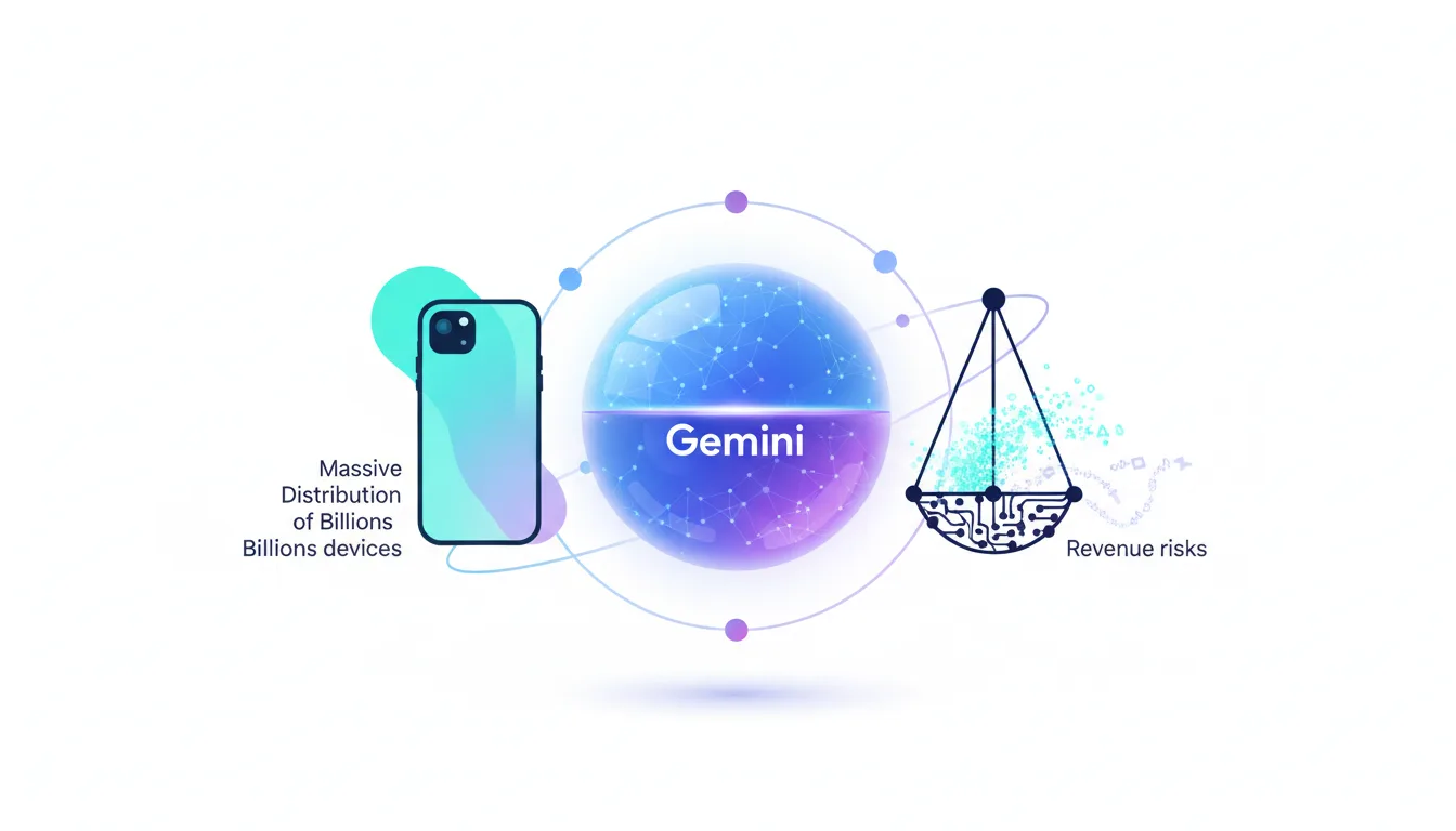 Illustration showing Google's Gemini AI on a scale balancing massive device distribution against revenue risks.
