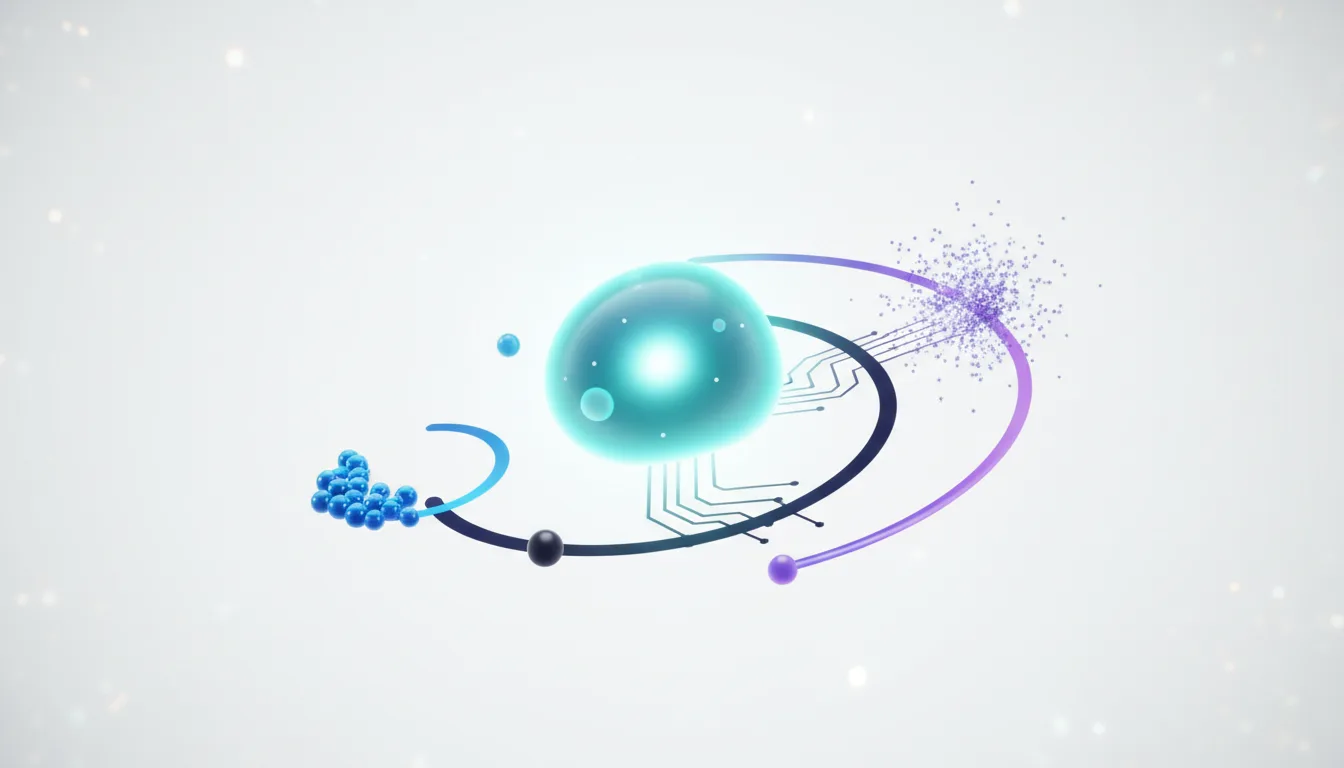 Abstract representation of AI integration with a glowing orb, circuit board patterns, and orbiting particles.