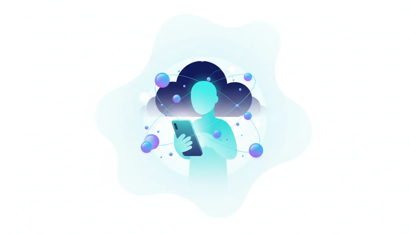 Silhouette of a person holding a smartphone connected to a cloud and network of spheres, representing on-device AI.