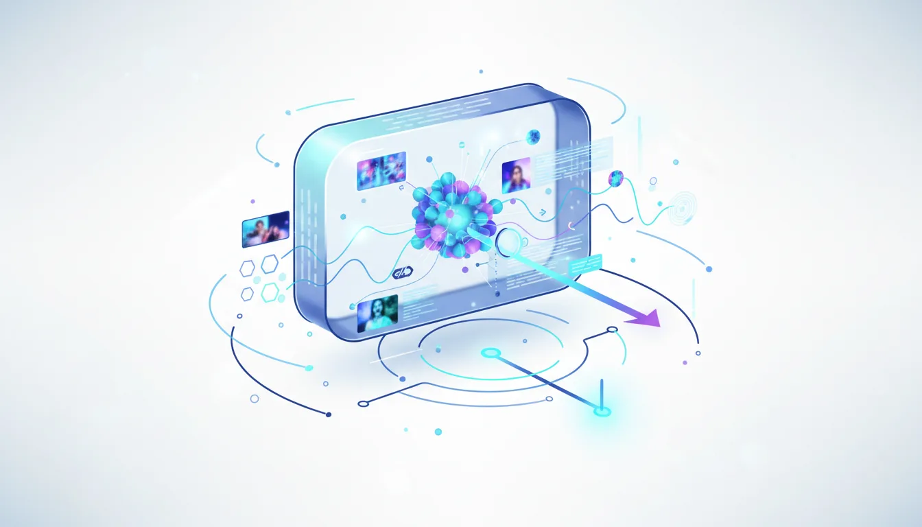 Abstract visualization of a futuristic interface with data streams, video thumbnails, and a central AI core, representing interactive video search.