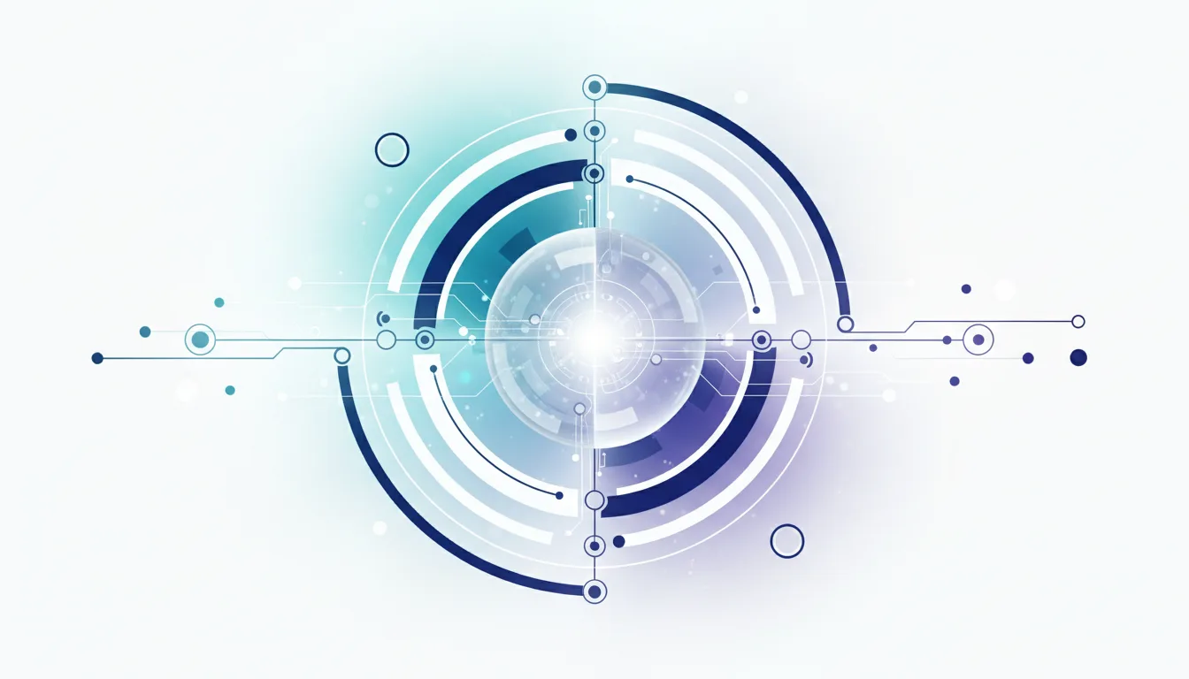 Abstract futuristic circular interface with glowing center and connecting lines, representing AI technology and development.
