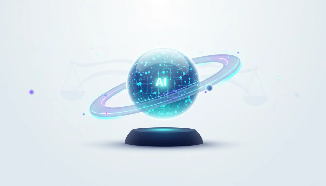 Abstract AI sphere with glowing nodes and rings, symbolizing AI governance and regulation with scales of justice in the background.