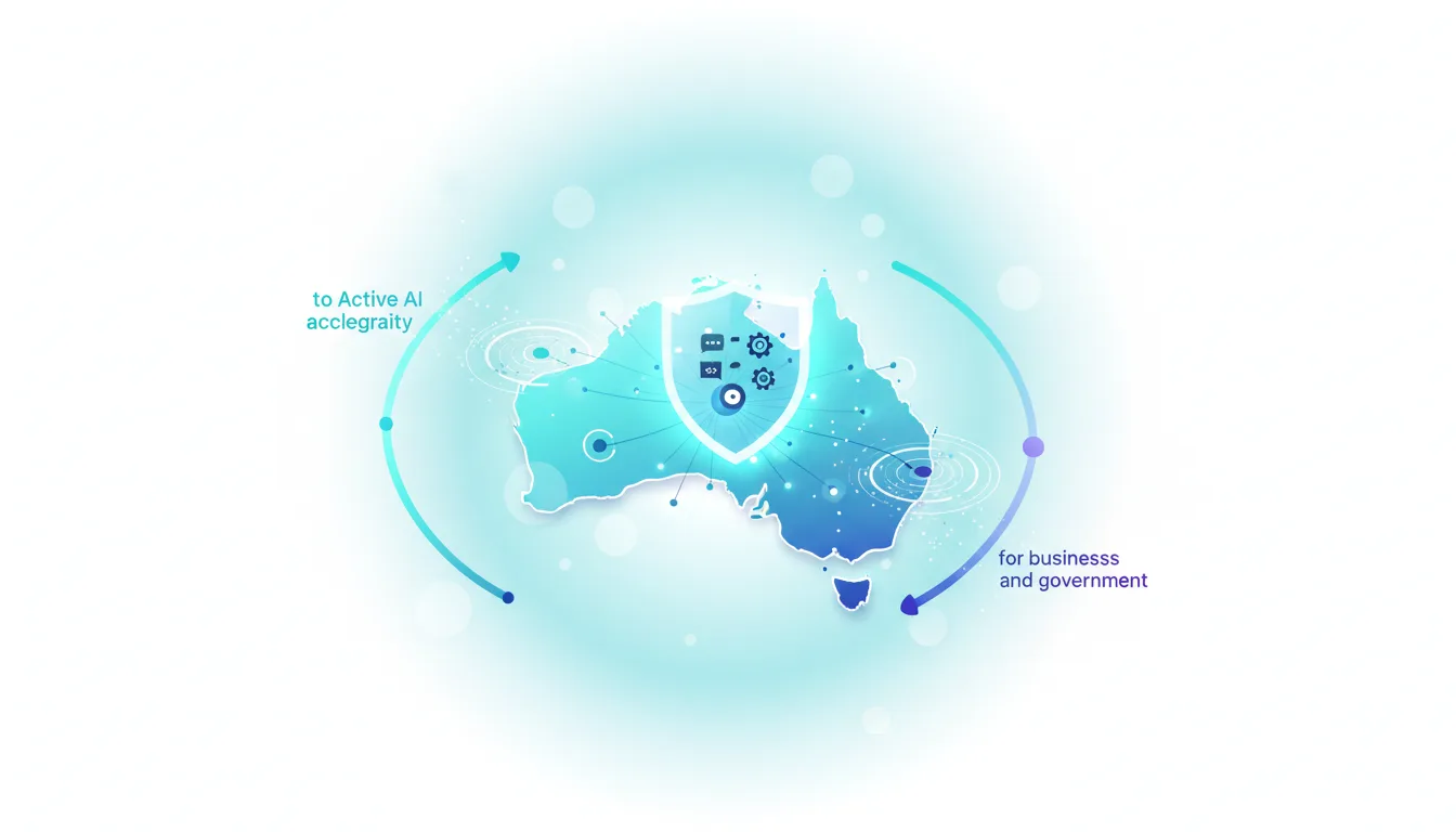 Australia map graphic with a shield icon in the center, symbolizing AI safety and integration for business and government initiatives.