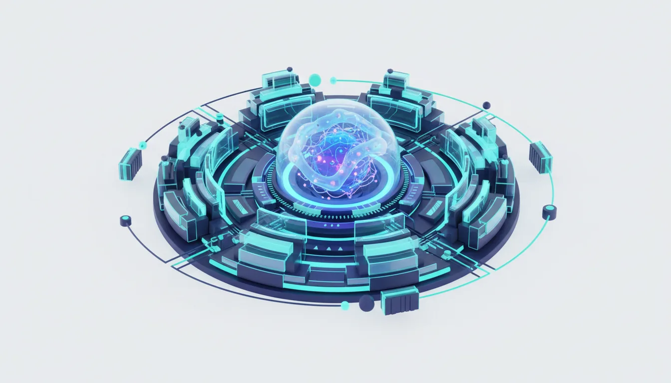 Futuristic AI core with glowing brain-like structure encased in a transparent dome, surrounded by intricate technological rings and circuits.