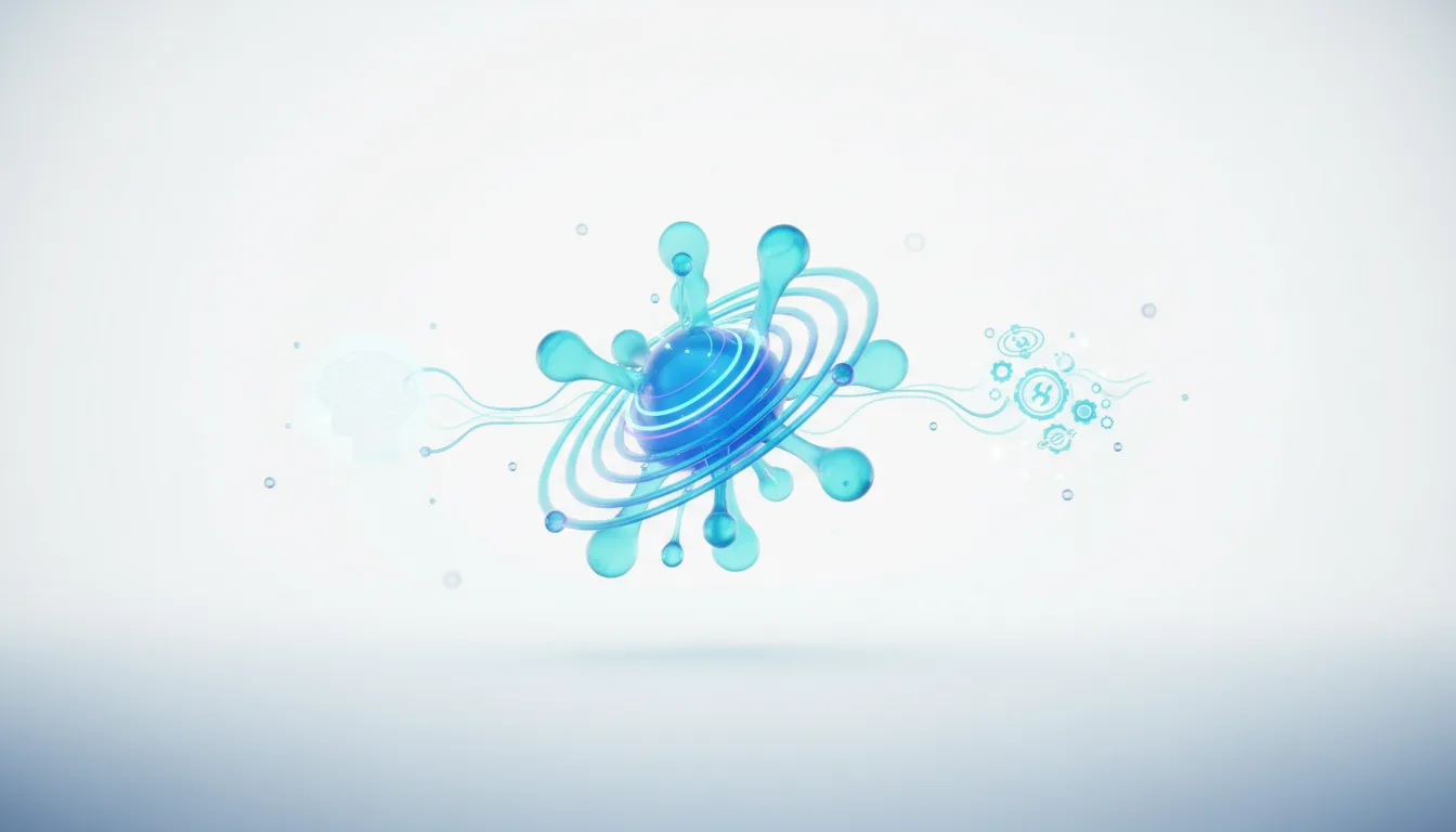 Abstract visualization of AI agent orchestration with a central blue sphere surrounded by teal liquid-like shapes and concentric rings, representing data flow and processing.