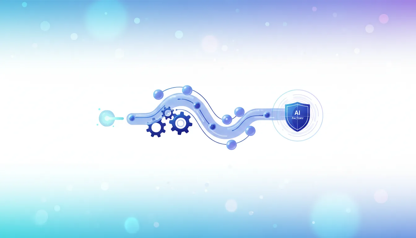 Abstract graphic showing a secure AI pathway with gears and a shield symbolizing AWS's public sector AI strategy.