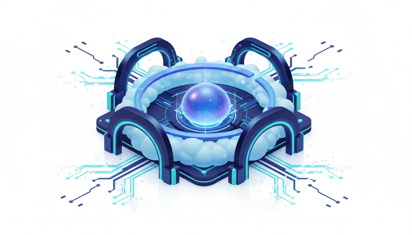Futuristic AI core with glowing orb and circuit board elements, symbolizing advanced AI technology.