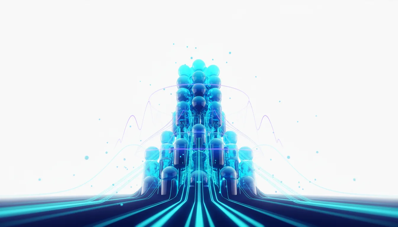 Abstract visualization of stacked blue AI chips with glowing circuits and data streams, representing Project Rainier's AI infrastructure.
