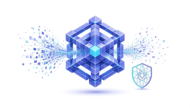 An intricate glowing geometric lattice assembled from tiles with code fragments flowing in and a verification shield