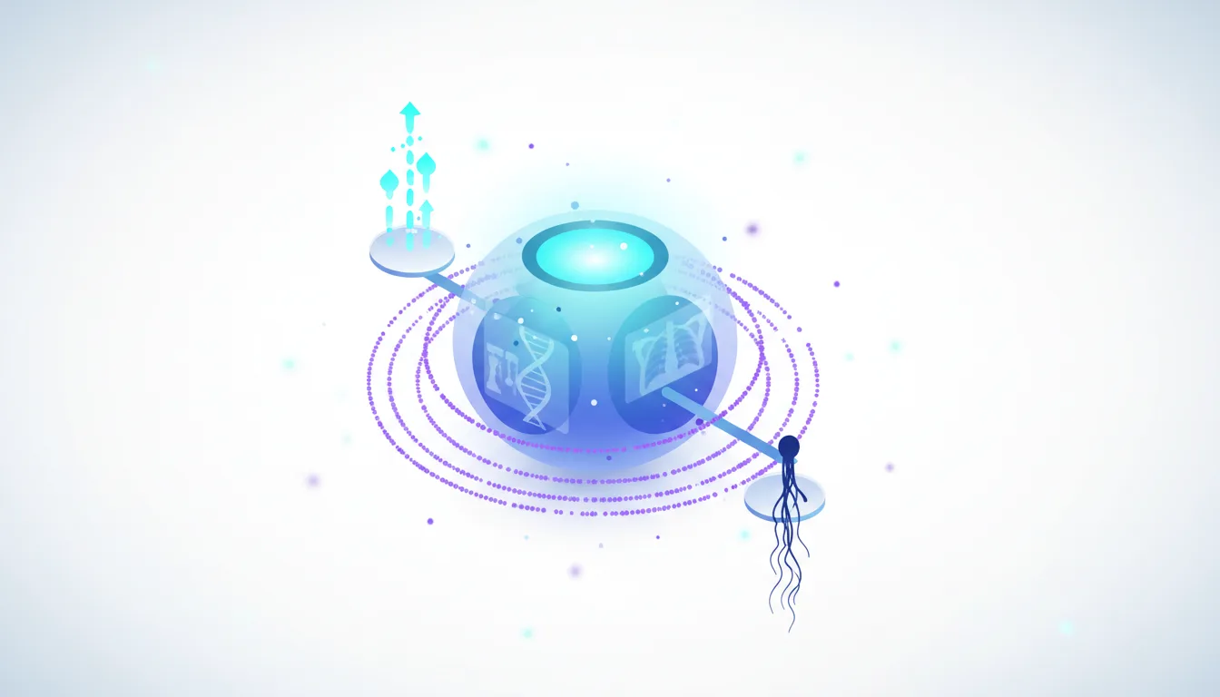 Abstract visualization of a glowing sphere containing DNA and X-ray icons, representing medical AI data processing and innovation.