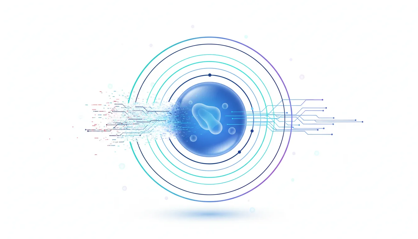 Abstract digital representation of a biological cell within concentric circles and circuit board patterns, symbolizing AI integration in security scanning.
