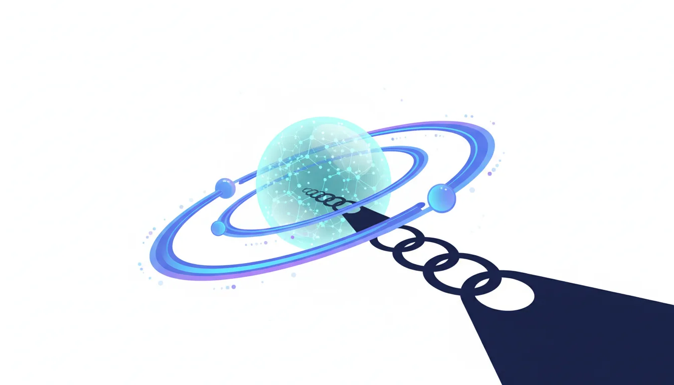 Abstract depiction of a glowing sphere with orbiting rings and a chain link shadow, symbolizing AI infrastructure and investment.