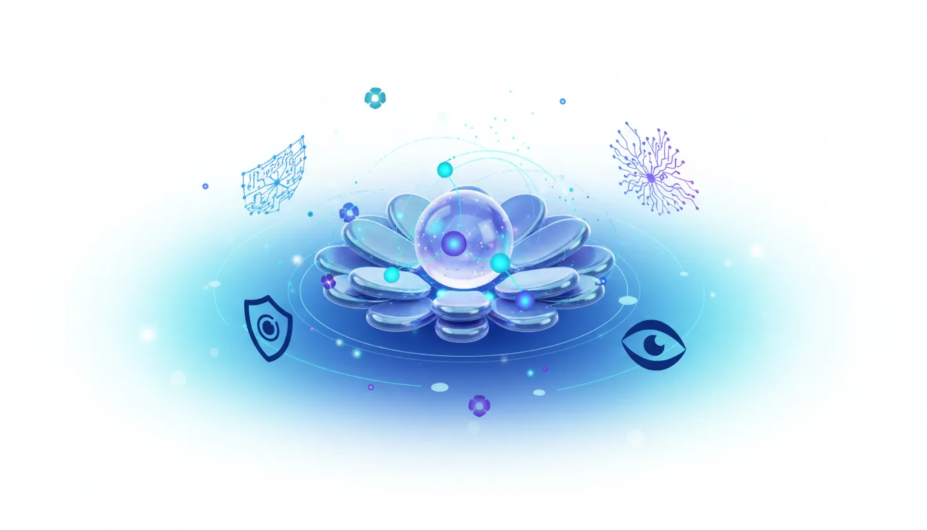 Abstract visualization of Bloom, Anthropic's AI evaluation framework, featuring a central orb surrounded by petals and icons representing security, vision, and data.