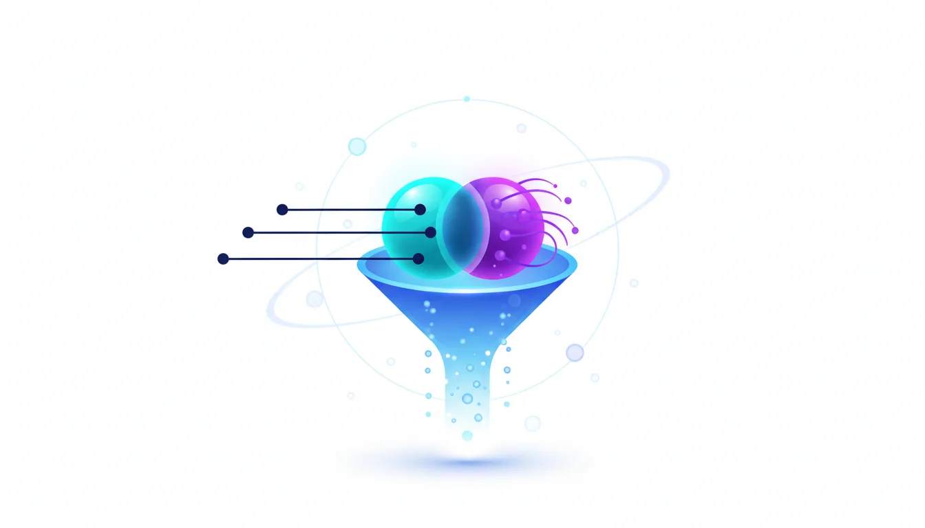 Abstract representation of hybrid search combining two distinct data processing spheres through a funnel, symbolizing AI information retrieval.
