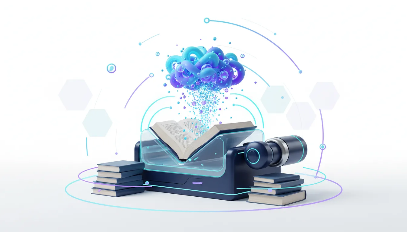 An open book on a scanner is depicted with particles flowing into a digital cloud, symbolizing AI data processing from physical books.