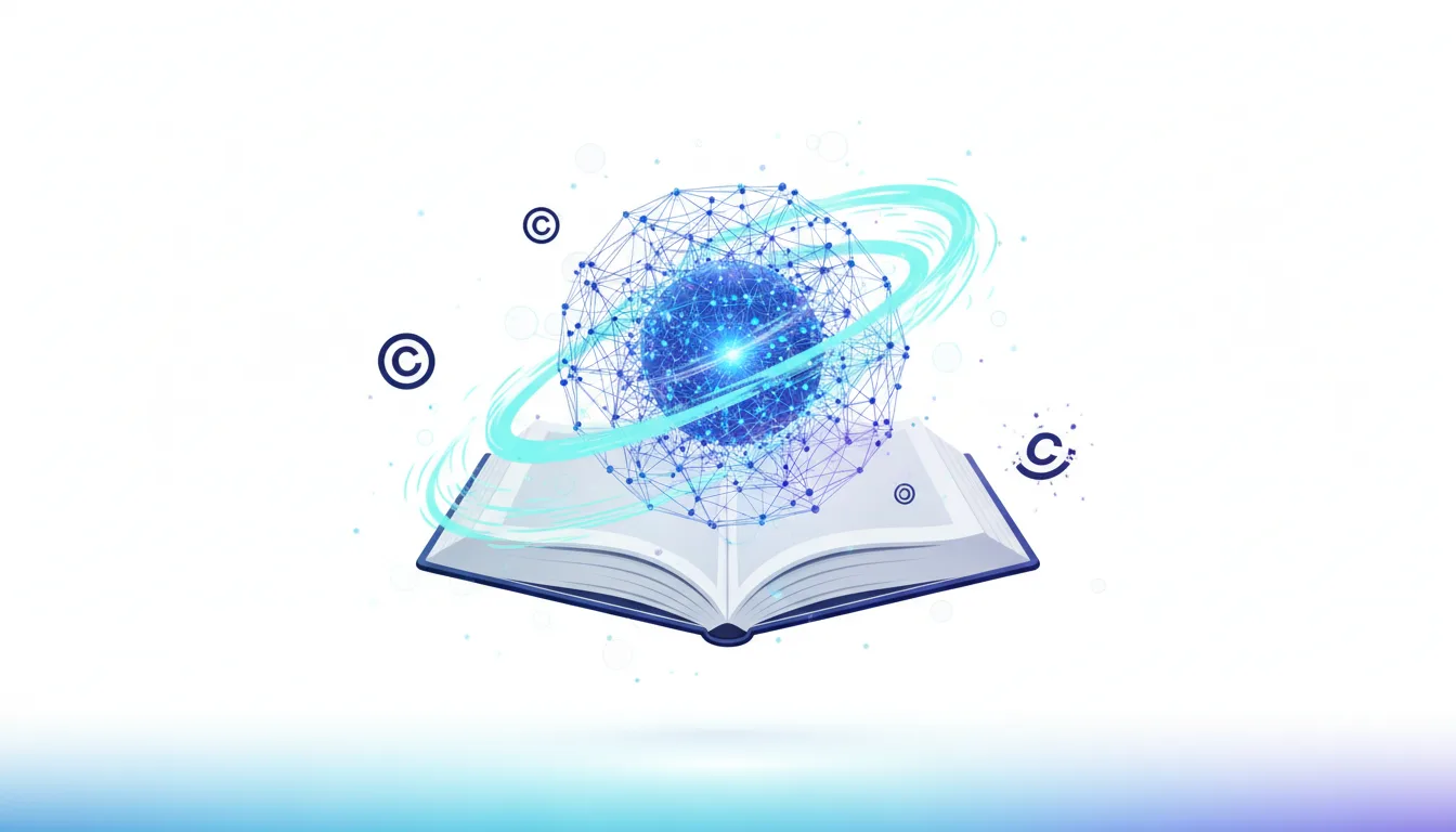 Open book with a glowing digital sphere and copyright symbols, representing AI training and intellectual property concerns.