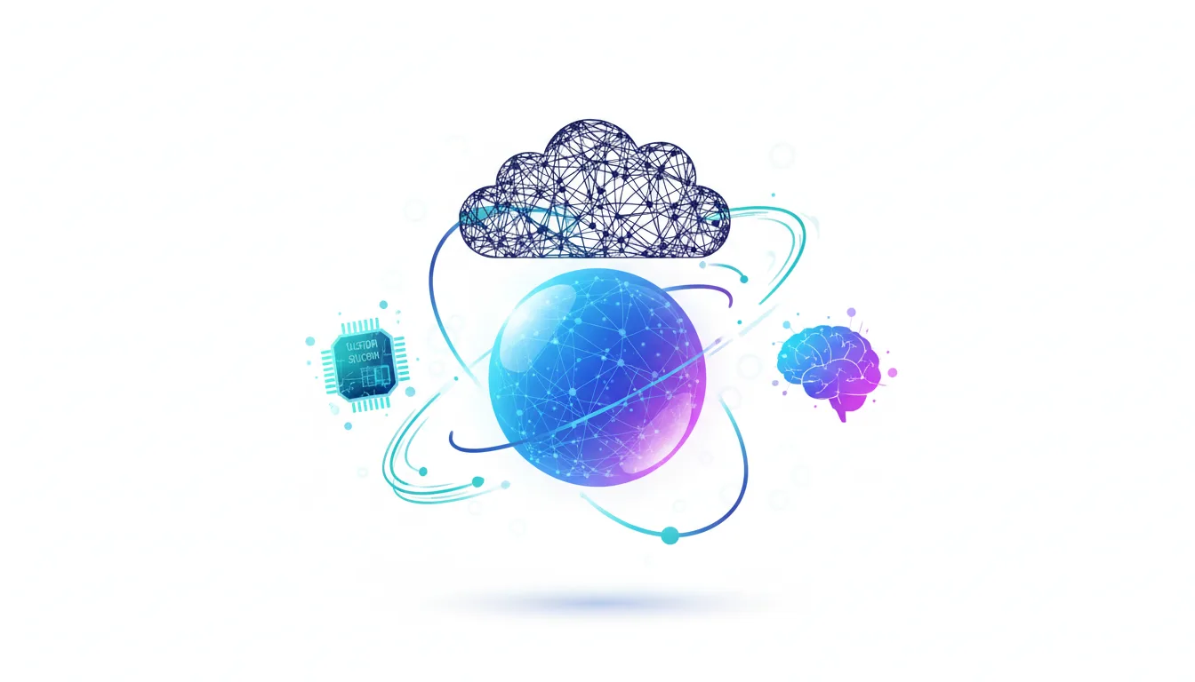 Abstract representation of AI infrastructure with a cloud, a globe, a CPU chip, and a brain connected by orbits.