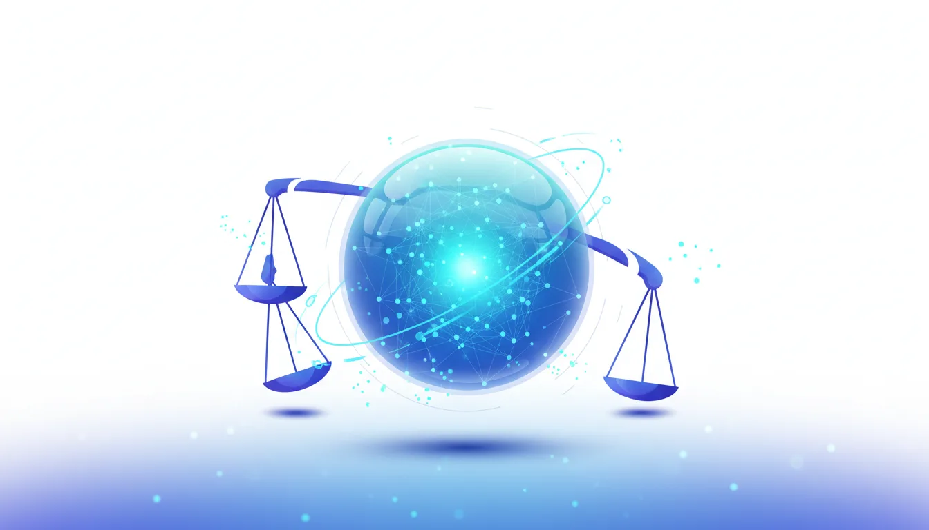 A digital globe with network connections balanced on scales, symbolizing AI governance and legal accountability.