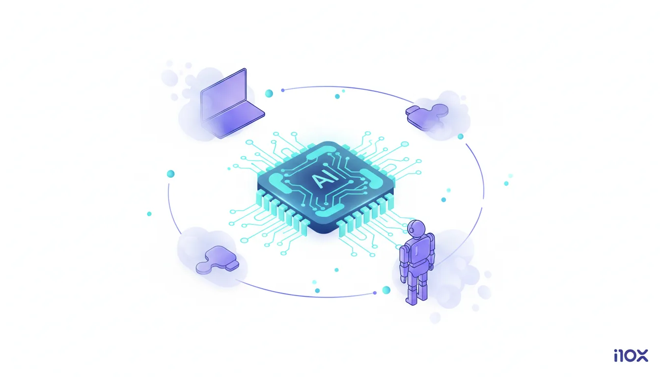 Central AI chip connected to a laptop, robot, and cloud icons, illustrating the move to on-device artificial intelligence.