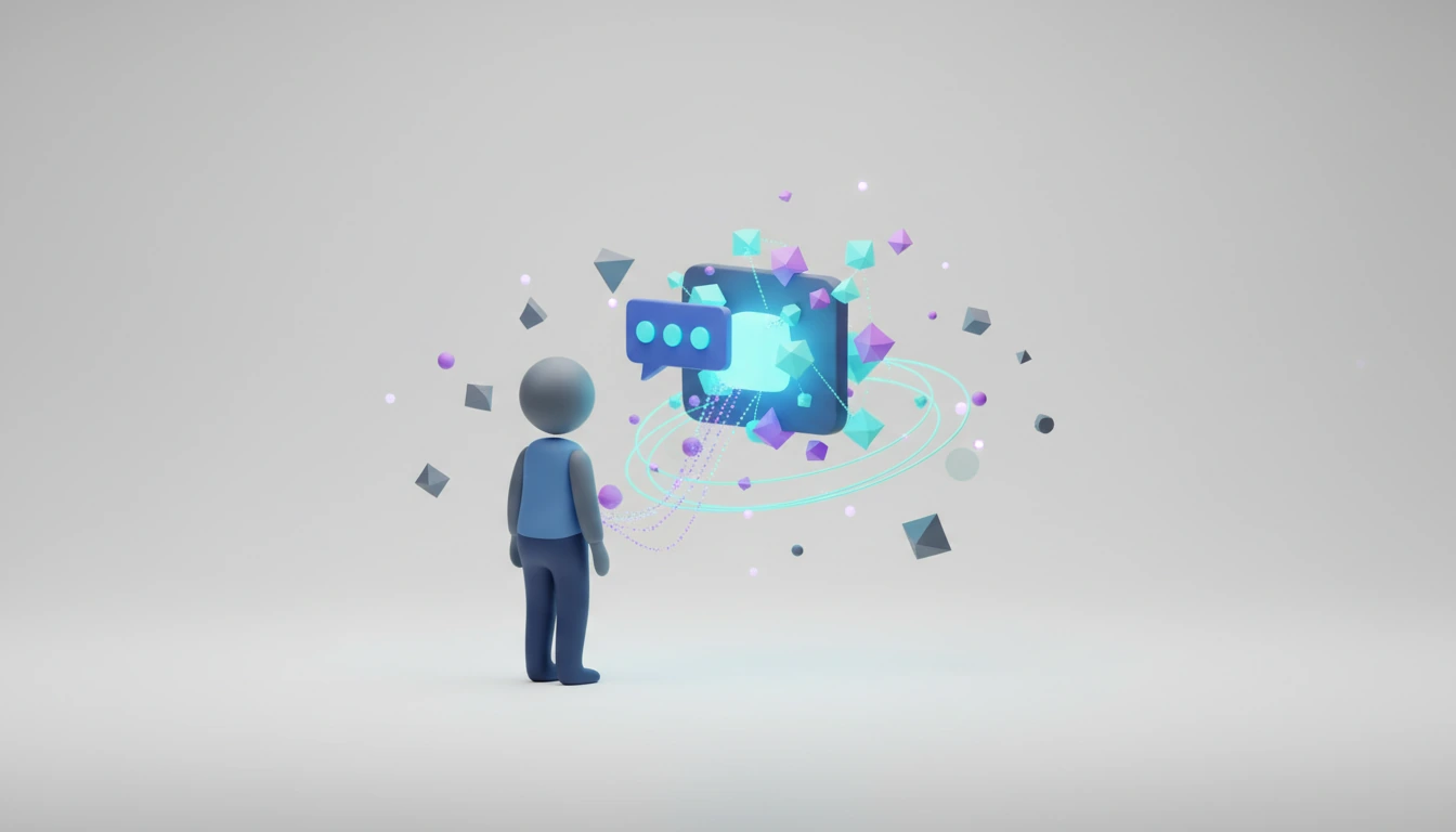 Abstract 3D illustration with a glowing cyan core on a light studio background, representing "Very Seen, But Still Very Alone": How Chatbots Become Emotional Suppo