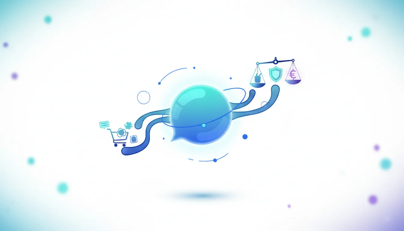 Abstract illustration of a chat bubble connected to a shopping cart and scales of justice balancing a shield and euro symbol, representing conversational commerce and ethics.