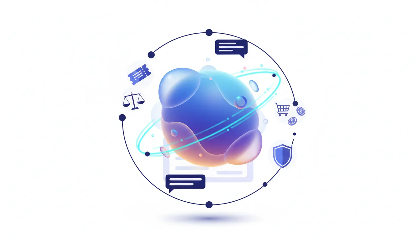 Abstract representation of generative AI with icons for commerce, law, and communication, symbolizing the integration of ads into AI.