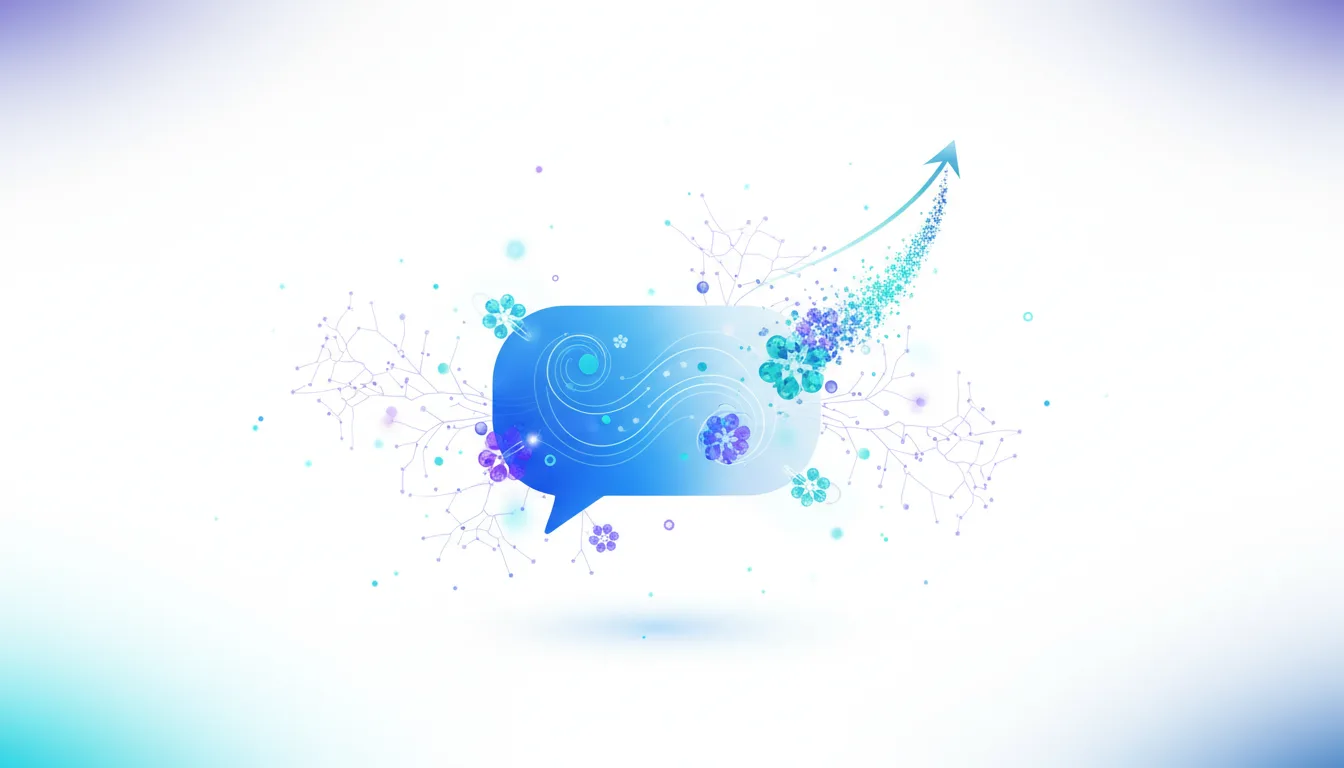 Blue speech bubble with swirling patterns and snowflakes, with an upward trending arrow made of particles emerging from it.