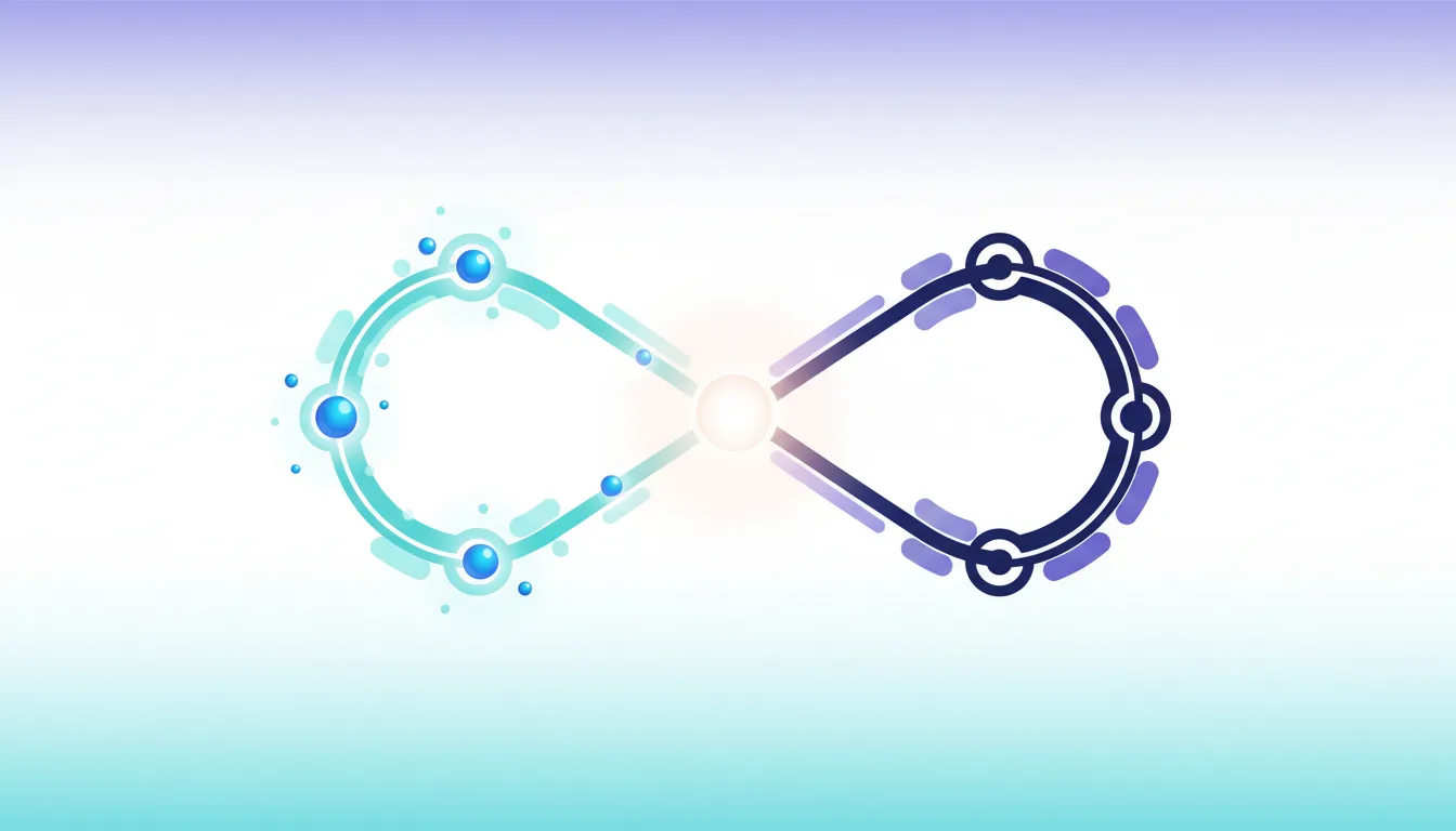 Abstract infinity symbol with glowing nodes and circuits representing the evolving AI platform war between ChatGPT and Gemini.