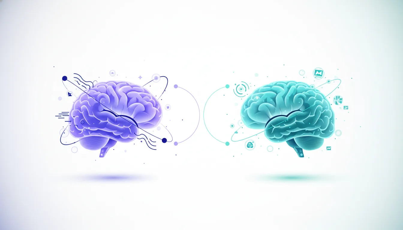 Two stylized AI brains, one purple and one teal, connected by abstract lines and icons, representing a comparison between AI models like ChatGPT and Gemini.