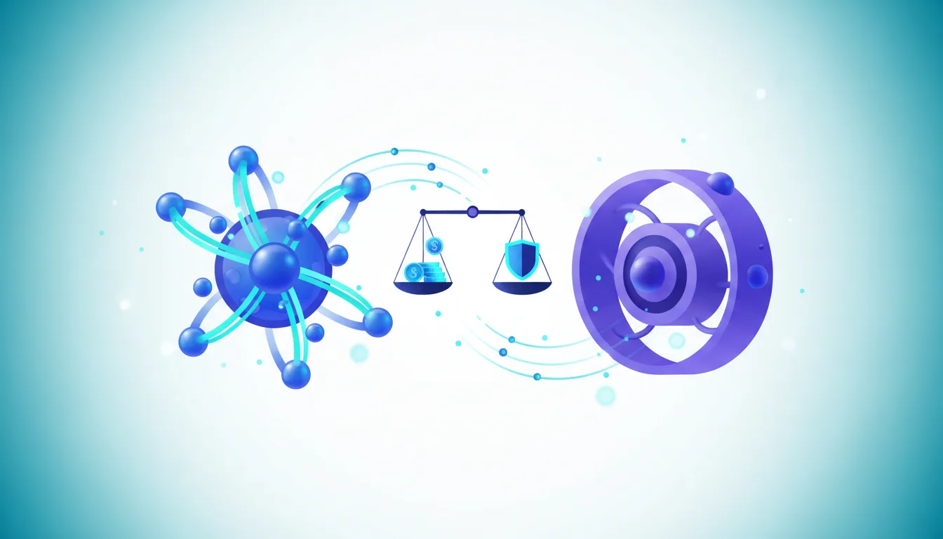Abstract representation of AI platforms, a scale balancing coins and a shield, symbolizing the economic and trust aspects of the ChatGPT vs Gemini debate.