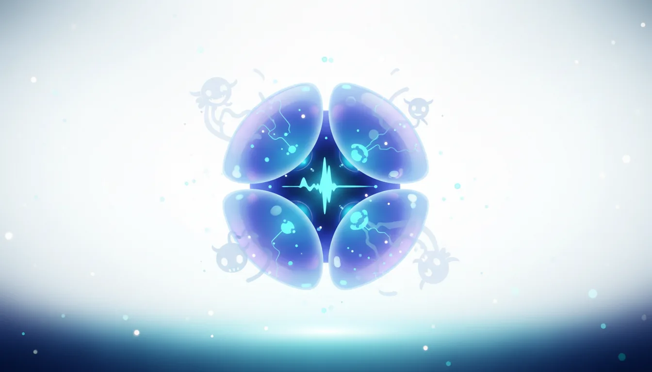 Abstract glowing orb with internal circuitry and four pulsating blue pods, surrounded by small, cartoonish gremlin-like figures and digital noise.