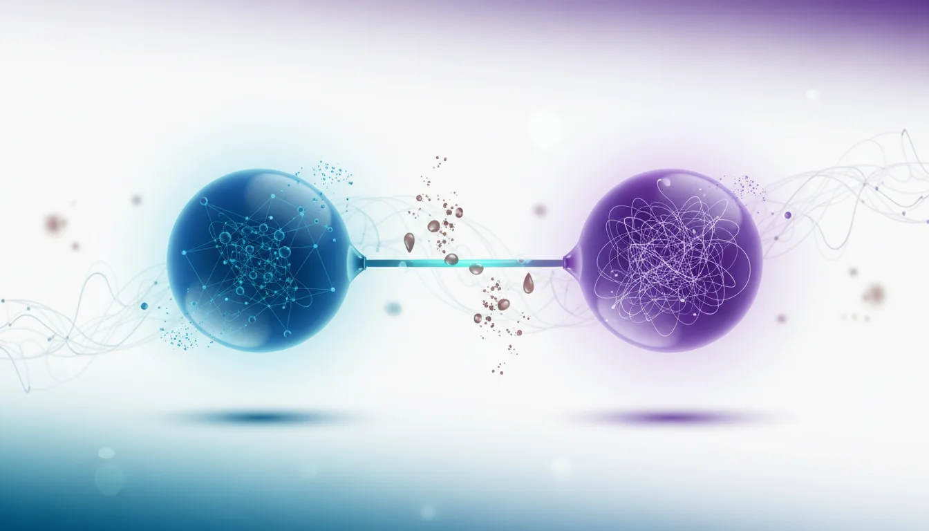 Abstract visualization of two spheres, one organized and blue, the other chaotic and purple, connected by a stream of particles, representing AI data transfer and potential corruption.
