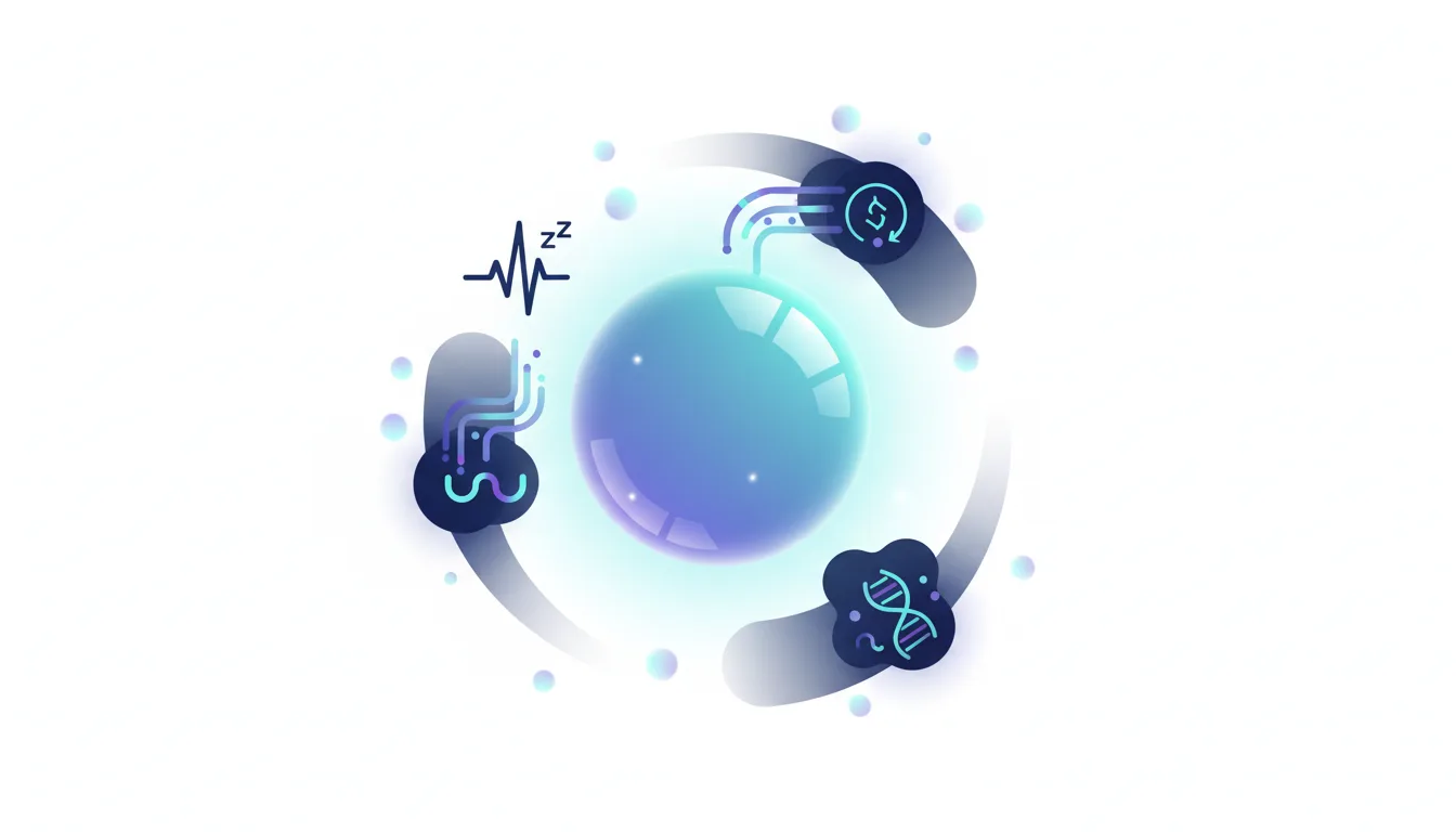 Abstract illustration showing a central glowing orb connected to icons representing sleep, DNA, and data cycles, symbolizing AI health data integration.