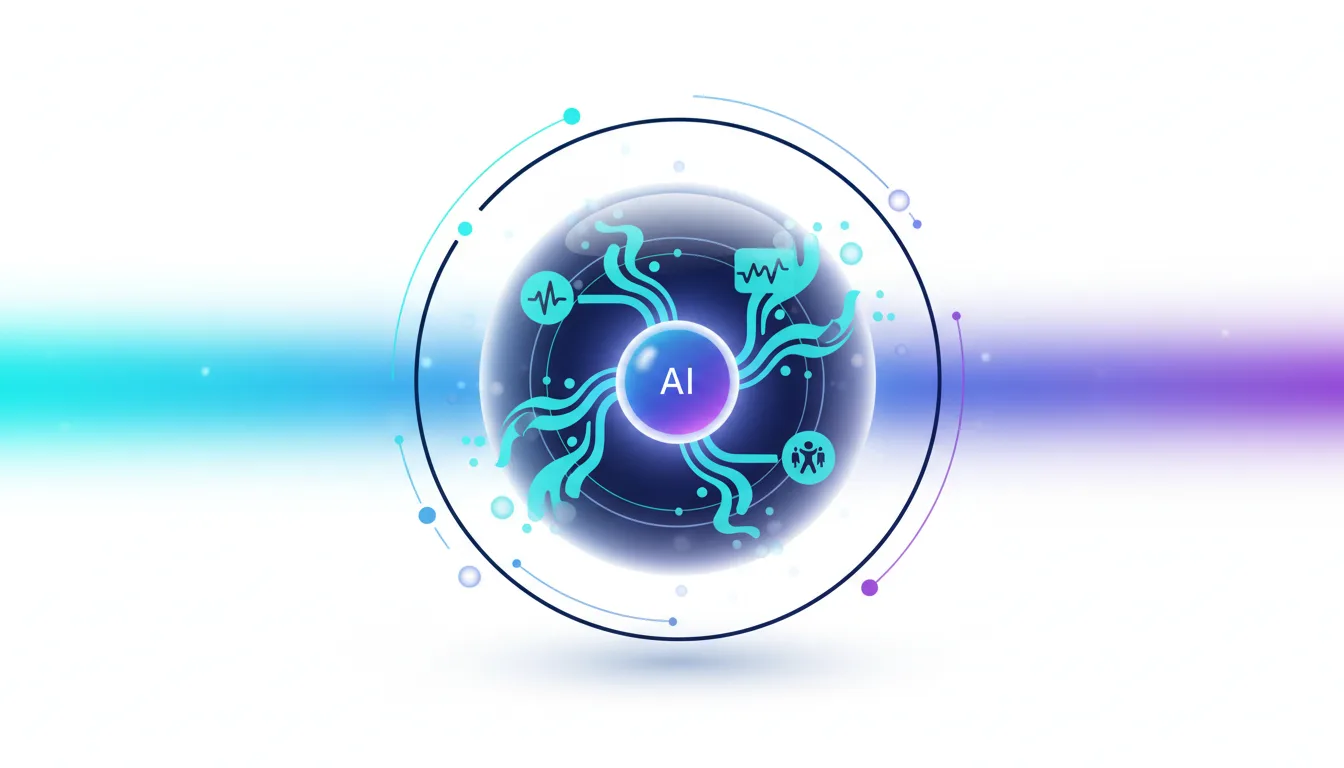 Abstract visualization of AI at the center of a sphere, connected to health icons like heart rate and people, representing secure AI for personal wellness.