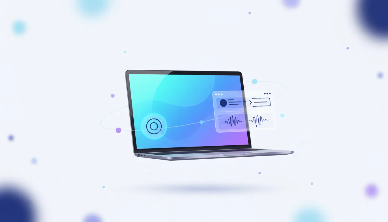 Laptop displaying abstract UI elements and waveform graphics, representing AI integration and voice chat features.