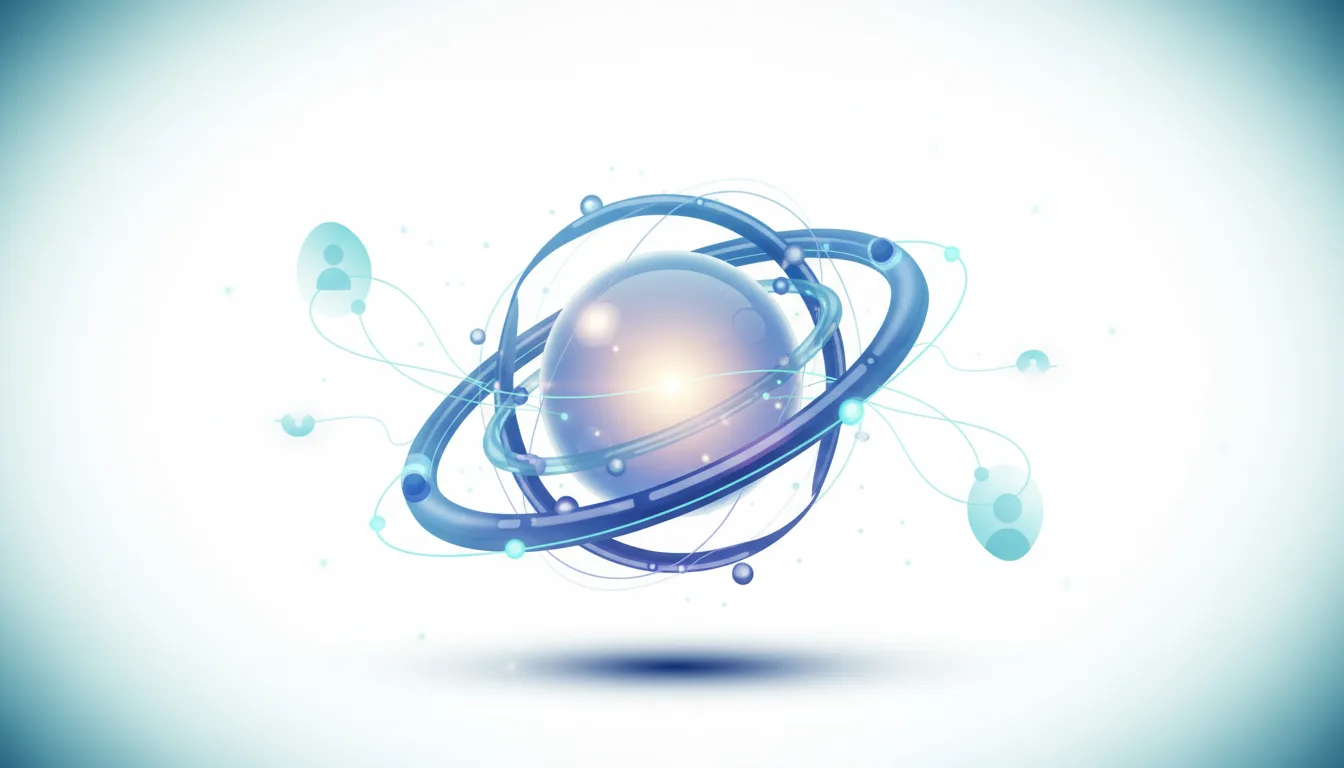 Abstract atomic structure with a glowing core and orbiting rings, symbolizing AI and interconnected data.