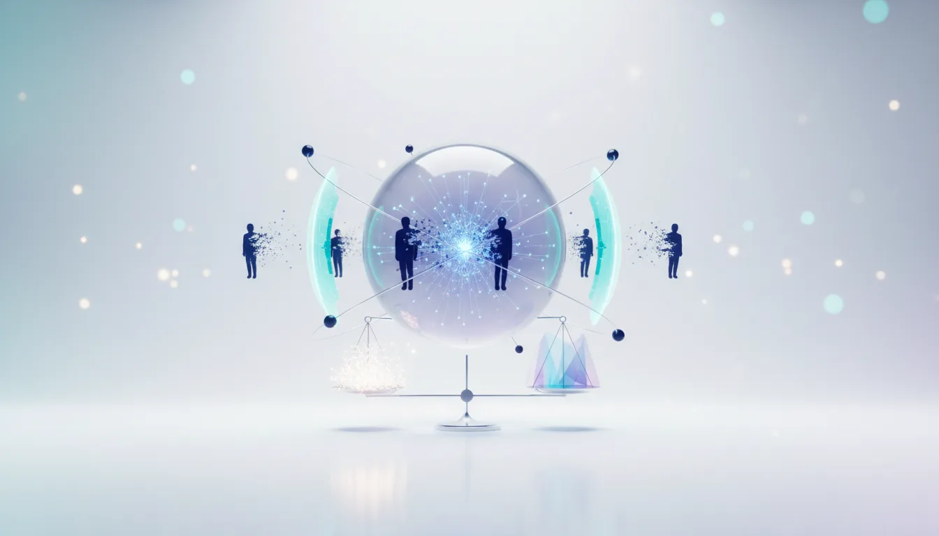 Abstract representation of AI safety and ethical considerations, showing figures interacting with a central glowing network within a sphere balanced on scales.