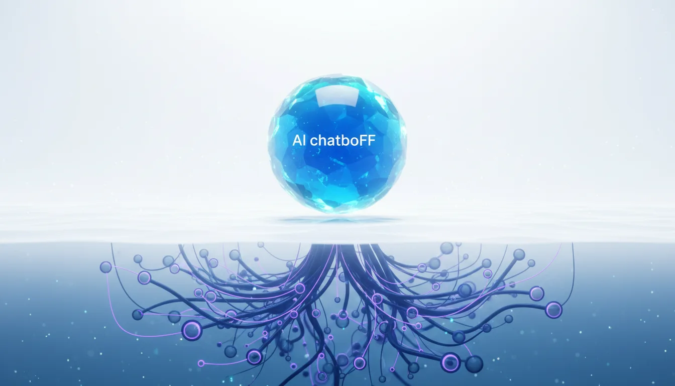 Abstract AI concept with a glowing blue crystal sphere labeled AI chatboFF above a network of interconnected digital nodes and wires.