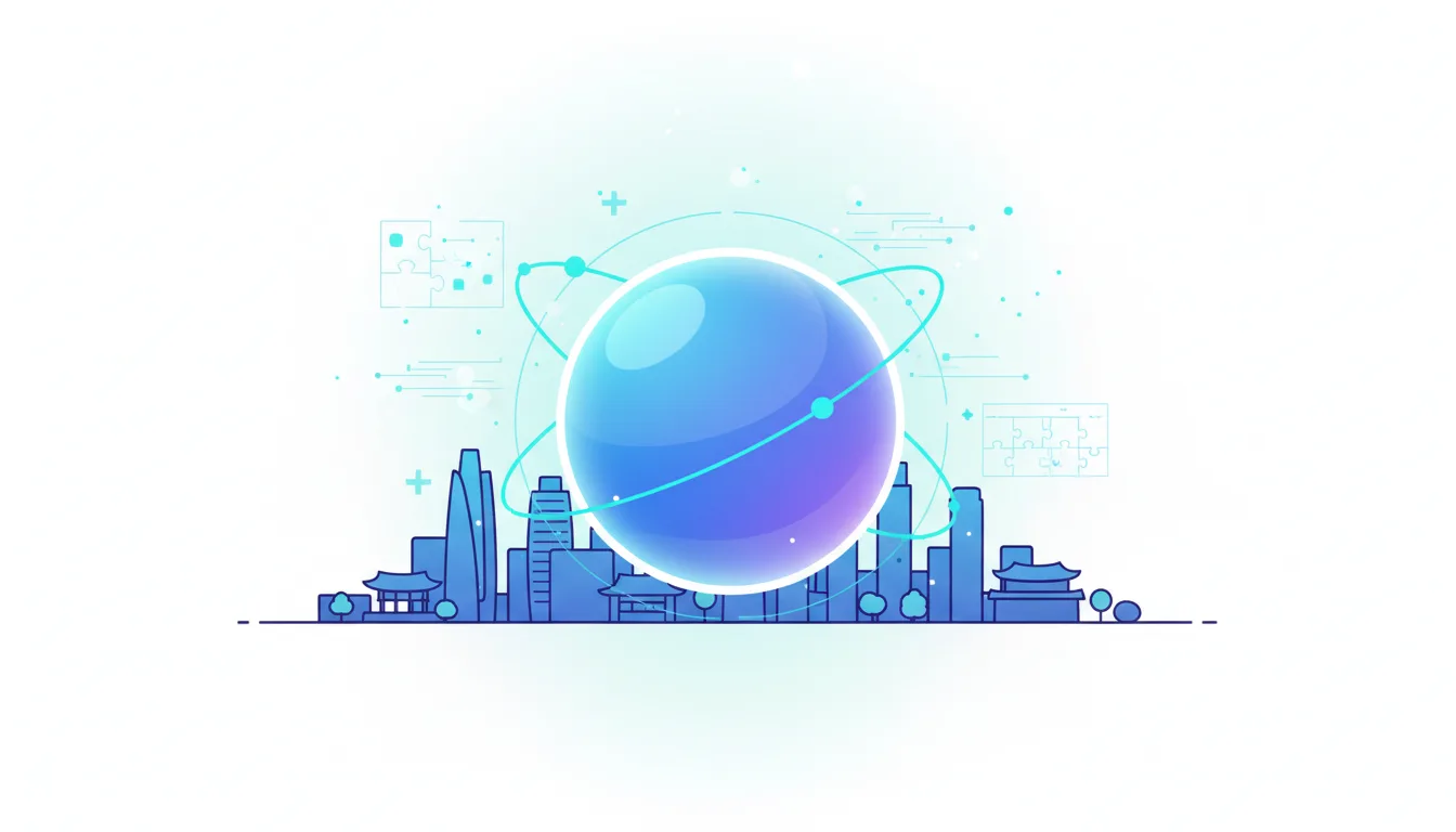 Abstract illustration of a glowing orb with orbiting particles above a stylized cityscape featuring South Korean architecture and modern buildings, symbolizing AI advancement.