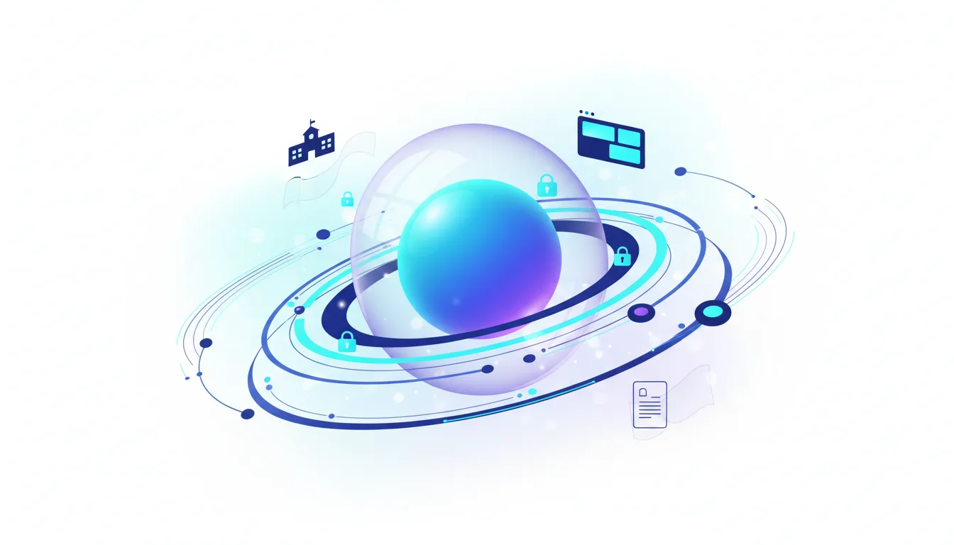 Abstract representation of AI technology with icons for education, privacy locks, and data documents, symbolizing ChatGPT for teens.