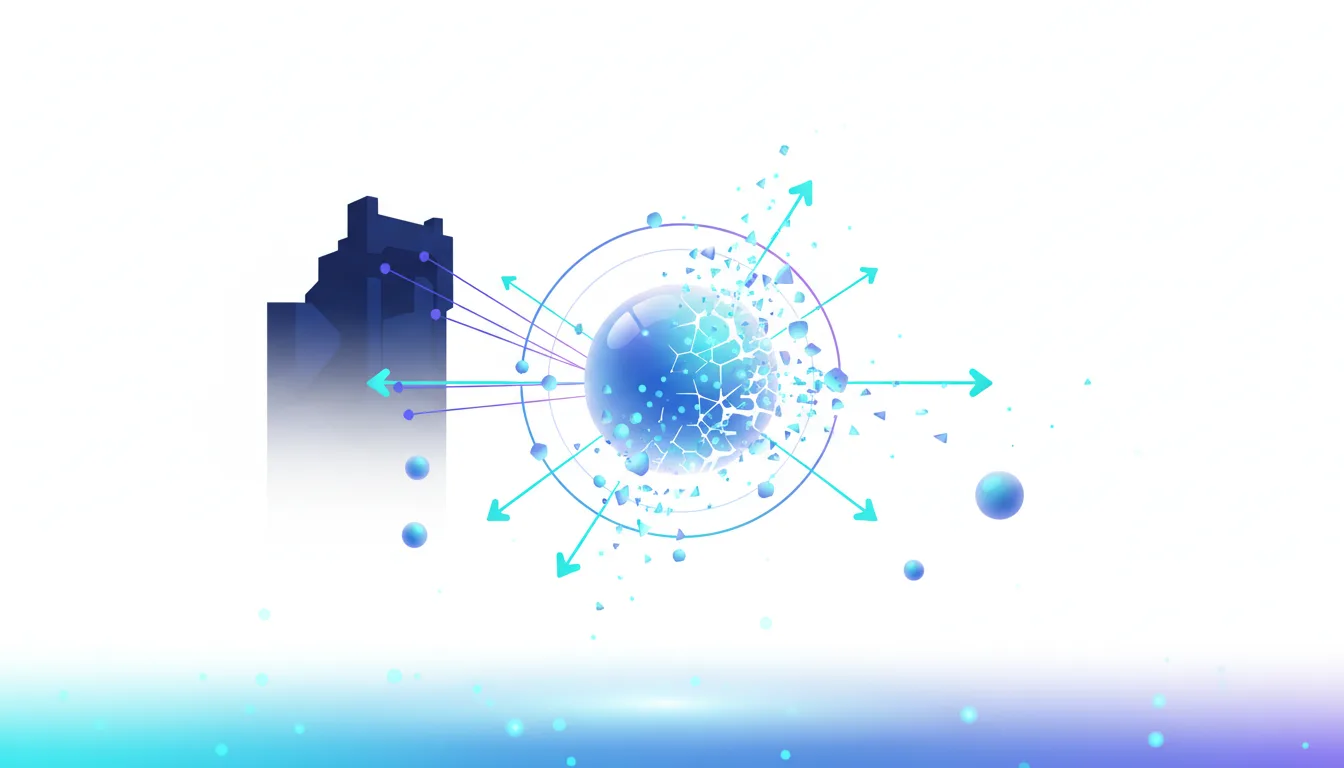 Abstract representation of a shattering sphere with arrows indicating outward dispersion, linked to a dark building silhouette.