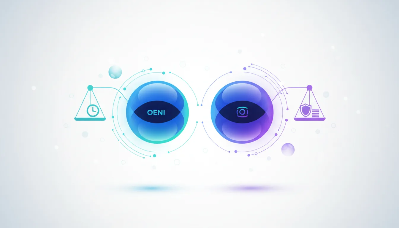 Abstract graphic comparing AI models with scales for time and security, and spheres labeled OENI and an eye icon.