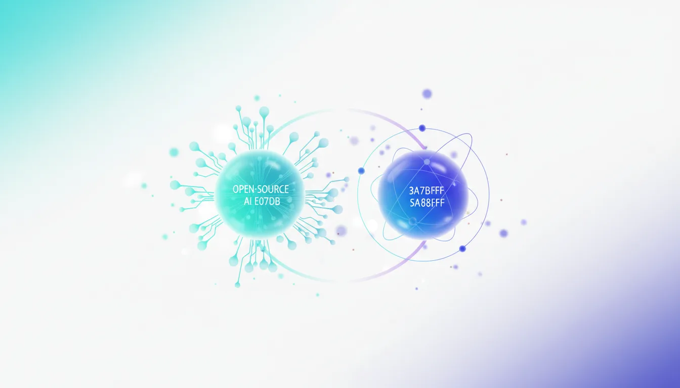 Abstract representation of open-source AI E07DB connecting to a blue sphere with hex codes, symbolizing AI development and data flow.