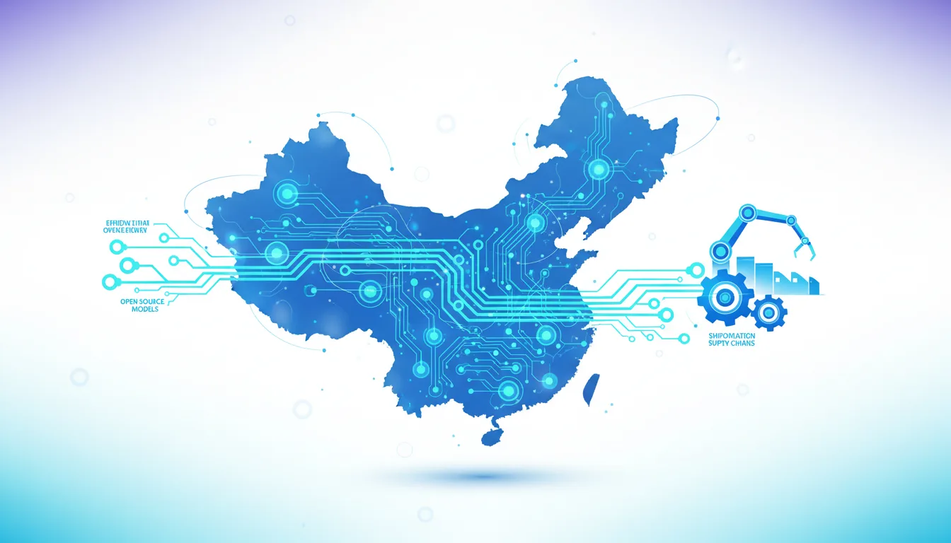 Outline of China map integrated with circuit board patterns, symbolizing AI technology, with robotic arm and gears representing industrial automation and supply chains.