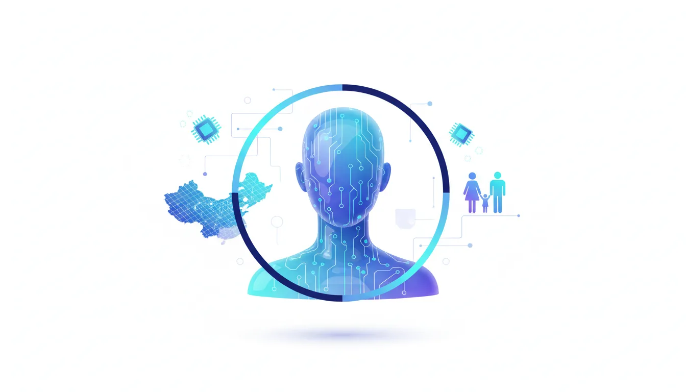 Abstract representation of AI talent control in China, featuring a circuit-patterned human head, map of China, family icons, and microchips.